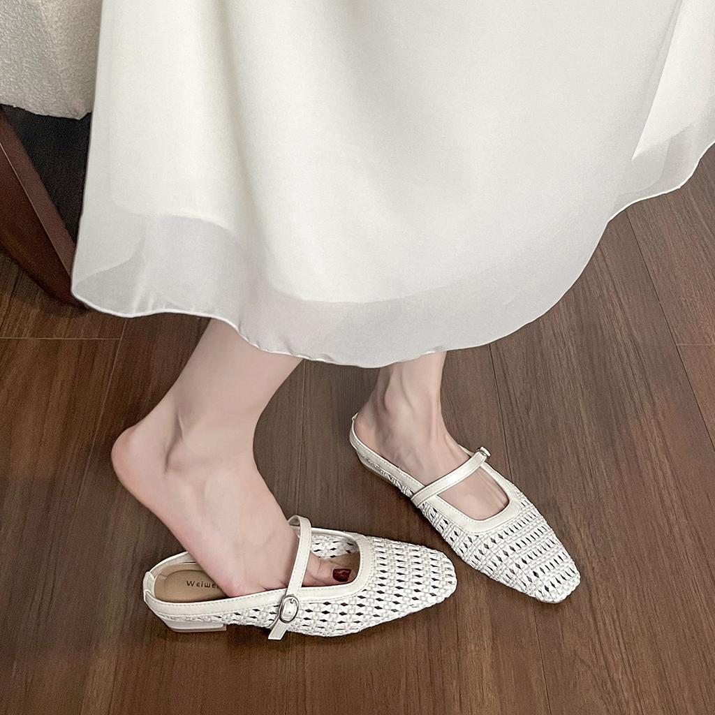 Hollow woven bag head half slippers women's summer wear is beautiful, not tired feet thick heel sandals