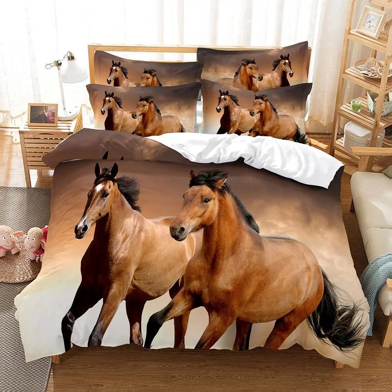 Horse Pattern 3D Digital Printing Three-piece Set, Polished Duvet Set, Animal Single Bedding