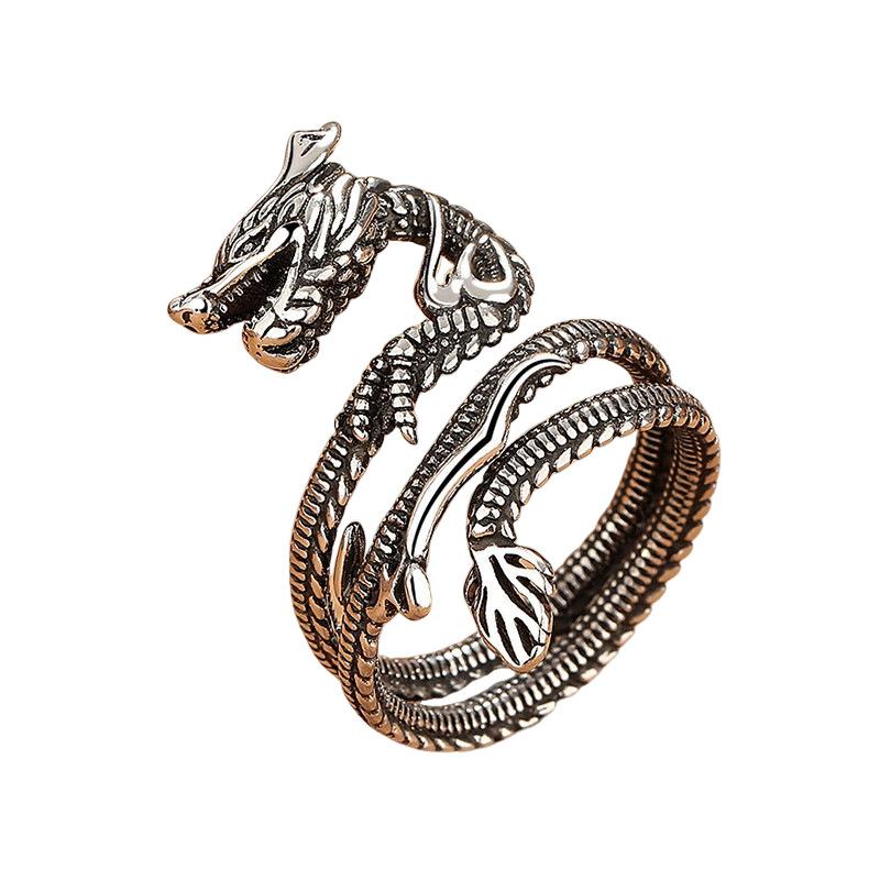 Retro Ethnic Style Domineering Dragon Ring for Men and Women with Open Opening and Adjustable Ring