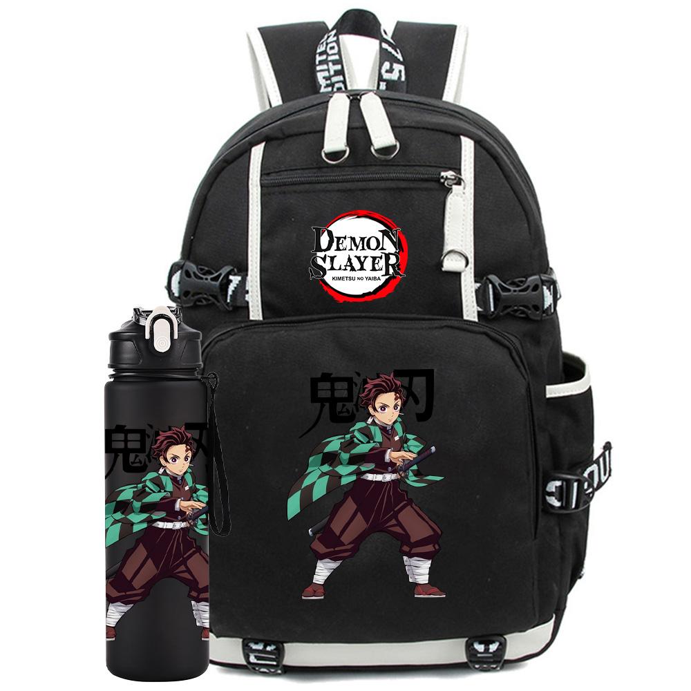 2Pcs/set Anime Demon Slayer Printed Backpack with 750Ml Water Bottler for Teenager Student Girl Boy Large Capacity Waterproof Bookbag Gift