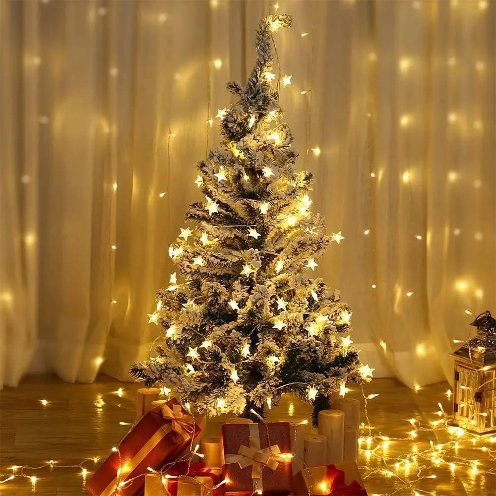 Christmas String Lights LED Acrylic Clear Star Snowflake Xmas Tree Long Lamp Strings Light Hanging Ornaments Home Party Decor