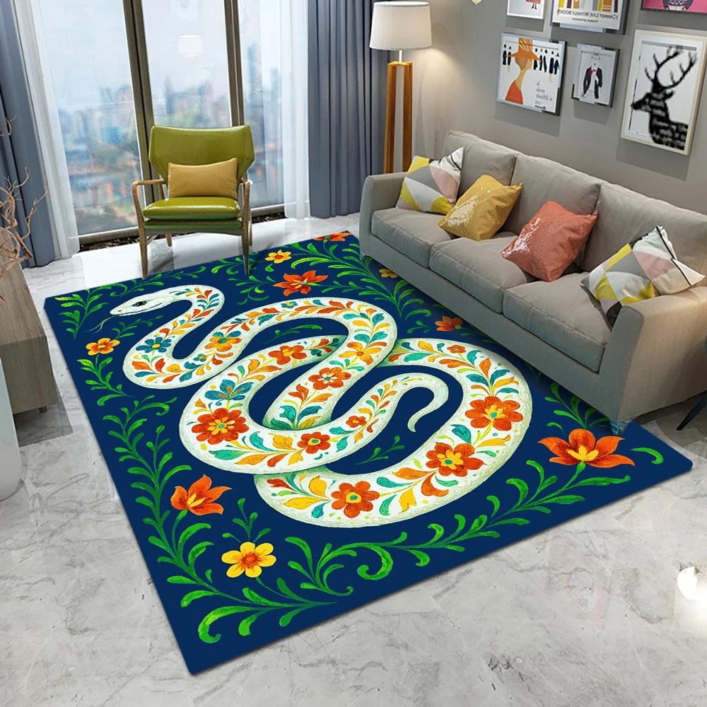 Artistic Snake Floral Pattern Area Rug With Vivid Color Intricate Details Diverse Cultural Motifs Unique Floor Decor Soft Carp