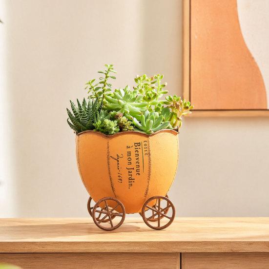 Retro Pumpkin Cart Planter, Decorative Metal Flowerpot with Drainage Hole, Stylish Plant Pot for Indoor Outdoor Home Garden Balcony Office Decor