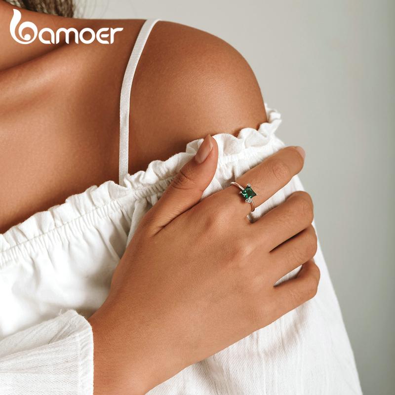 Bamoer 925 Sterling Silver Delicate Green Zircon Adjustable Ring for Women Fine Jewelry