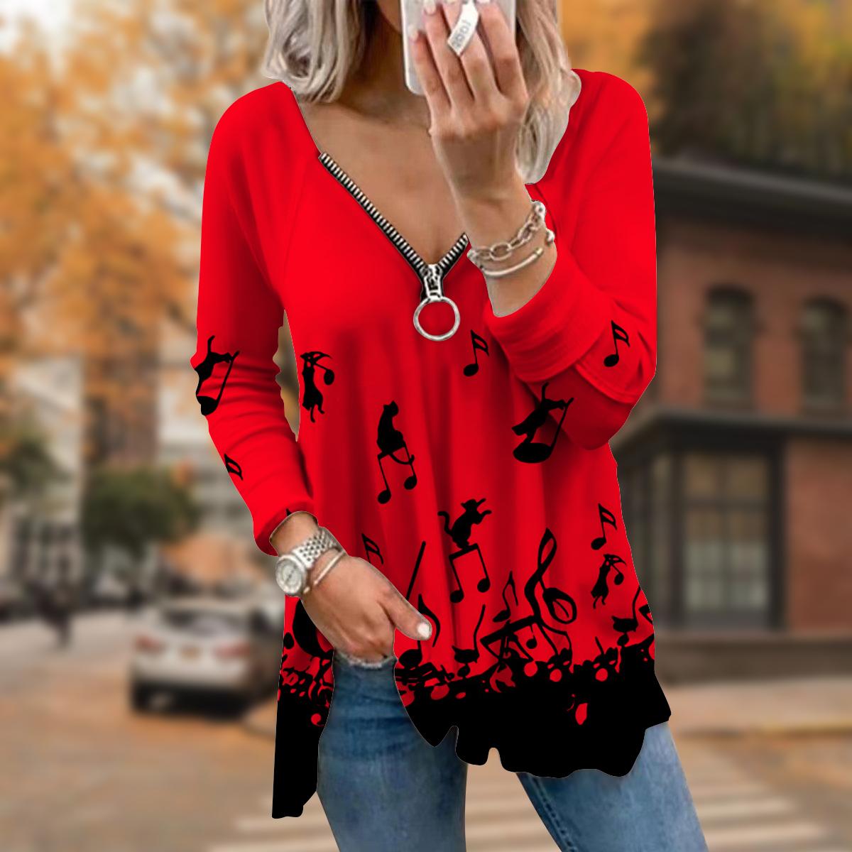 

Женские футболки с длинным рукавом и принтом «Осенние ноты» с принтом «Кошка», свободные футболки больших размеров с V-образным вырезом, удобные блузки 8XL красный