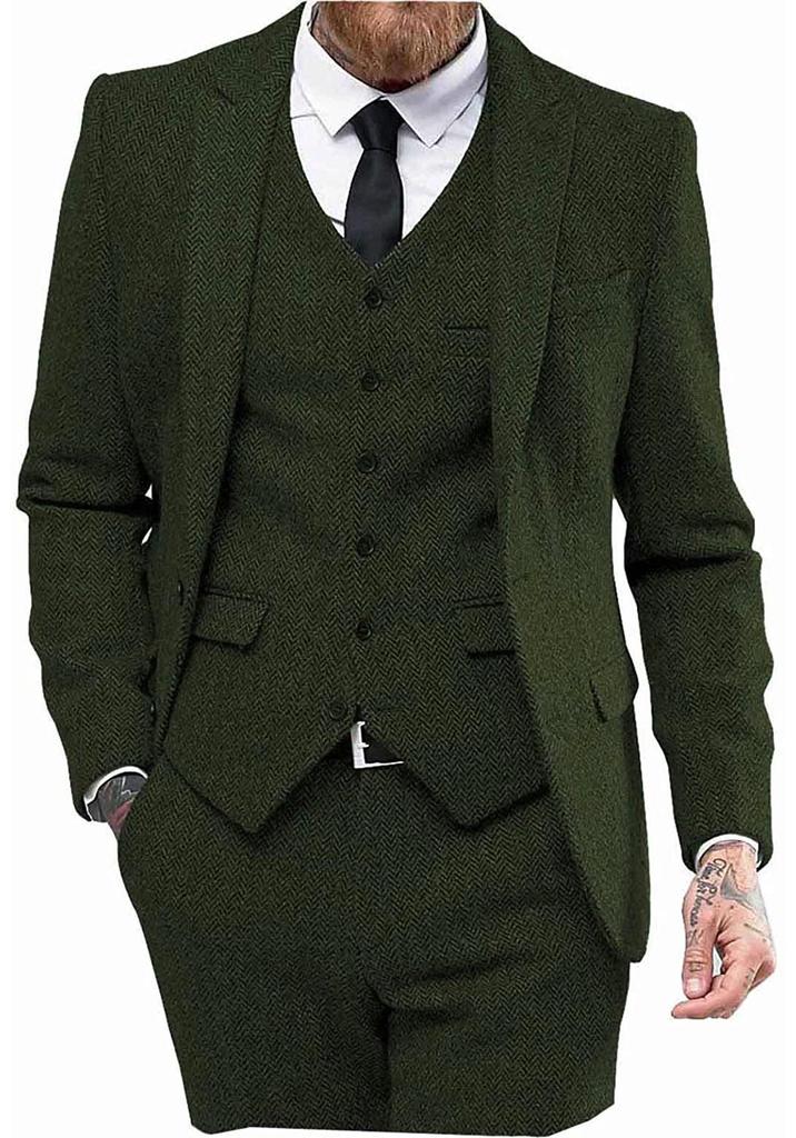 Men's Slim Fit Herringbone Three-Piece Suit for Business, Banquets, and Weddings