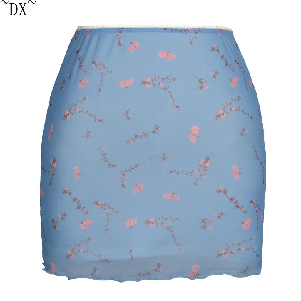 DX~~Beliebter Frühlings- und Sommer-bedruckter Netzrock mit hoher Taille, doppellagiger, schmaler Passform, Wickel-Hüftrock, grenzüberschreitender Damen-Halbrock