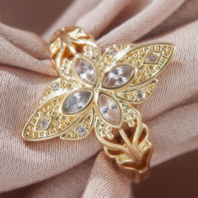 Fashionable and Trendy Gold Color Hollow Carved Pattern Women's Ring, Sparkling Inlaid Zircon Daily Party Jewelry Gift