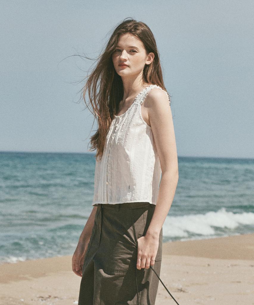 OSTKAKA Eyelet Pintuck Sleeveless Blouse Ivory