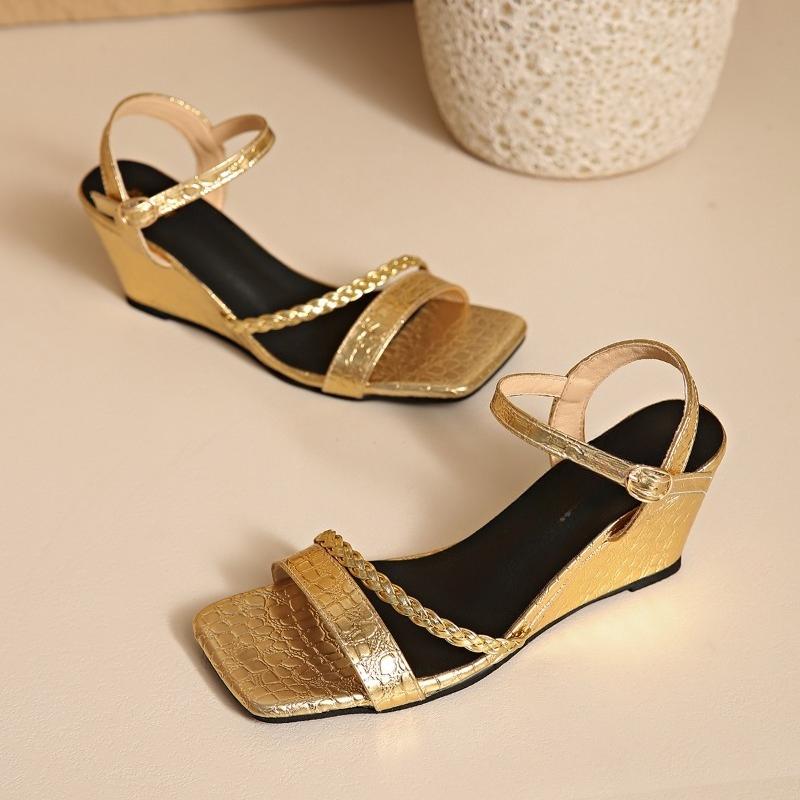 Fashion New Silver Wedge Sandals and Slippers for Summer Women's Square Toe Open Toe Woven Slip Strap High Heels
