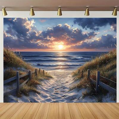 Sunset Beach Tapestry  Serene Ocean View with Sandy Path for Coastal Home Decor Ideal Wall Art for Living Room or Bedroom