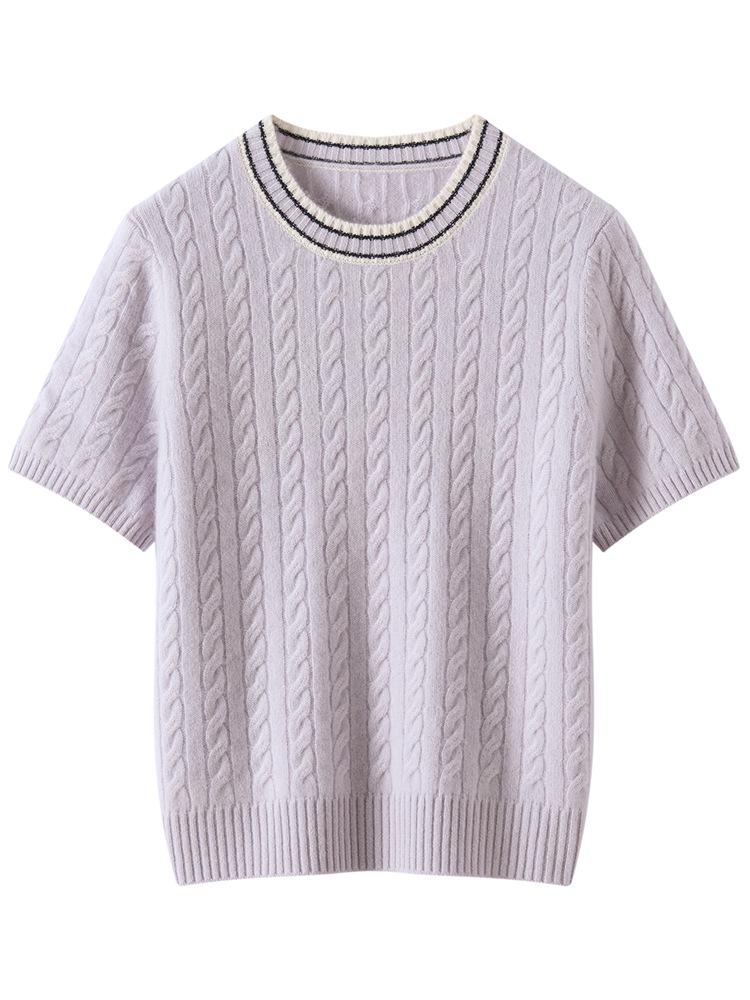 Women's Color Block Cashmere Short-Sleeve Round Neck Knit Pullover
