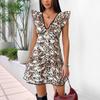 Women's New Casual Party Personalized Lace Fly Sleeve V-Neck Leopard Dresses