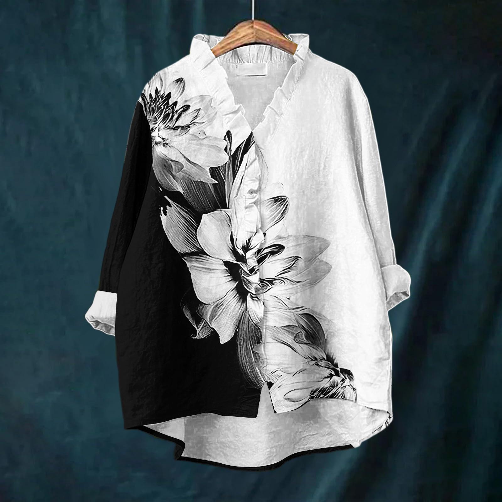 

Женский свободный топ с оборками, цветочным принтом, воротником-стойкой и длинными рукавами из хлопка и льна L чёрный