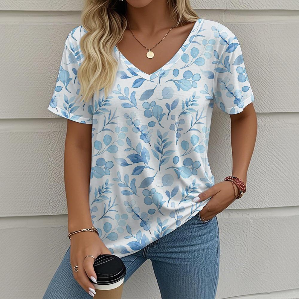 Women's Summer T-shirt Plant Flower Print Retro Fashion Casual Short-sleeved Street V-neck Women's Clothing