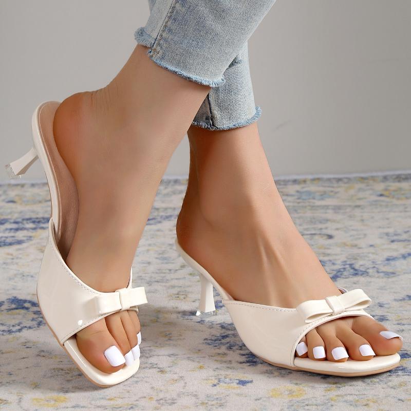 Sweet White Bowknot Decoration Slippers Women 2025 Summer Leisure Square Toe Slip On Shoes Spike High Heels Sandals Women