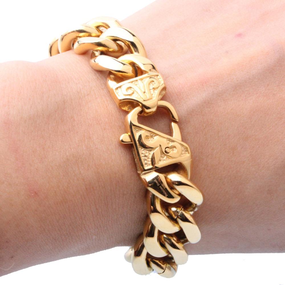 Fashion Style Mens Gold Bracelet Stainless Steel Bracelet  Curved Curb Link Chain Wholesale Jewelry 15mm