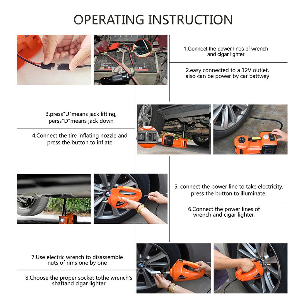 Car Jack 5T Electric Hydraulic Floor Jack Tire Inflator Pump LED Light Electric Impact Wrench Car Repair Tool 45cm 3 in 1 150W DC 12v