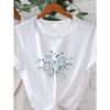 European Size Women's White Floral & Print T-Shirt - Soft Blue Flower Short Sleeve Blouse with Delicate Botanical Design