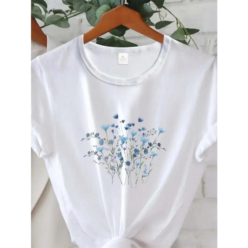 

European Size Women s White Floral & Print T-Shirt - Soft Blue Flower Short Sleeve Blouse with Delicate Botanical Design 4XL білий