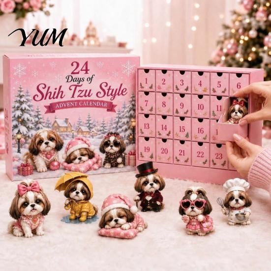 Interaktives Feiertagsspiel Shih Tzu Adventskalender, 24-Tage Countdown Spielzeug-Set mit Mini-Hundefamilie zu Weihnachtsfiguren, Baumhänge-Dekoration, Geschenk
