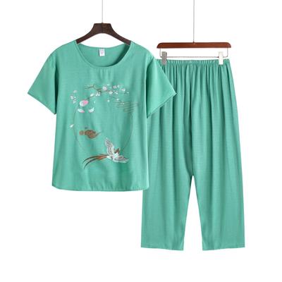Damen 2-teiliges Übergrößen-Pyjama-Set Rundhalsausschnitt Bedruckt Kurzarm Loungewear Oberteil und Weitbein-Caprihose Nachtwäsche