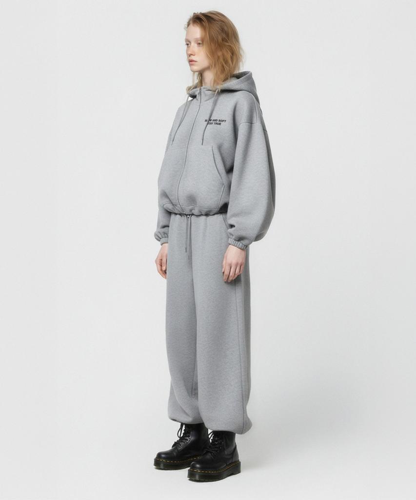 Prinoar [Set] Slow And Soft String Oversized Two-Way Zip-Up Hoodie + One-Pleat String Pants - Melange