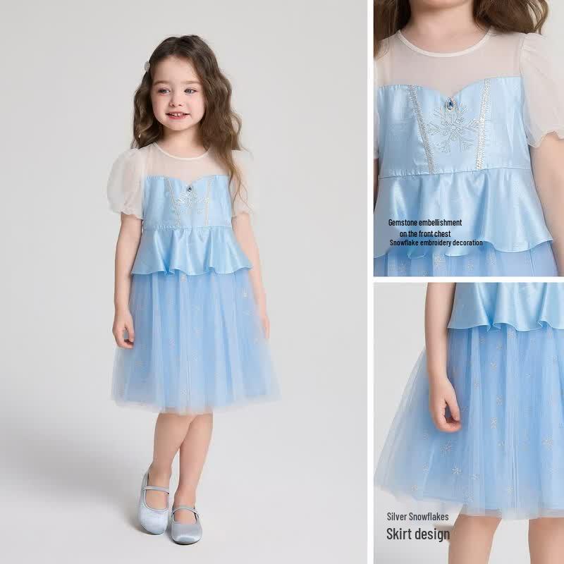 Desha Girls' 2026 Summer Round Neck Puff Sleeve Patchwork Dress