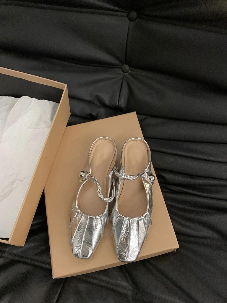 Flat-bottomed French Bag Head, Half Slippers, Fairy Shoes, Outer Wear 2025 New Summer Niche Silver Mary Jane Sandals