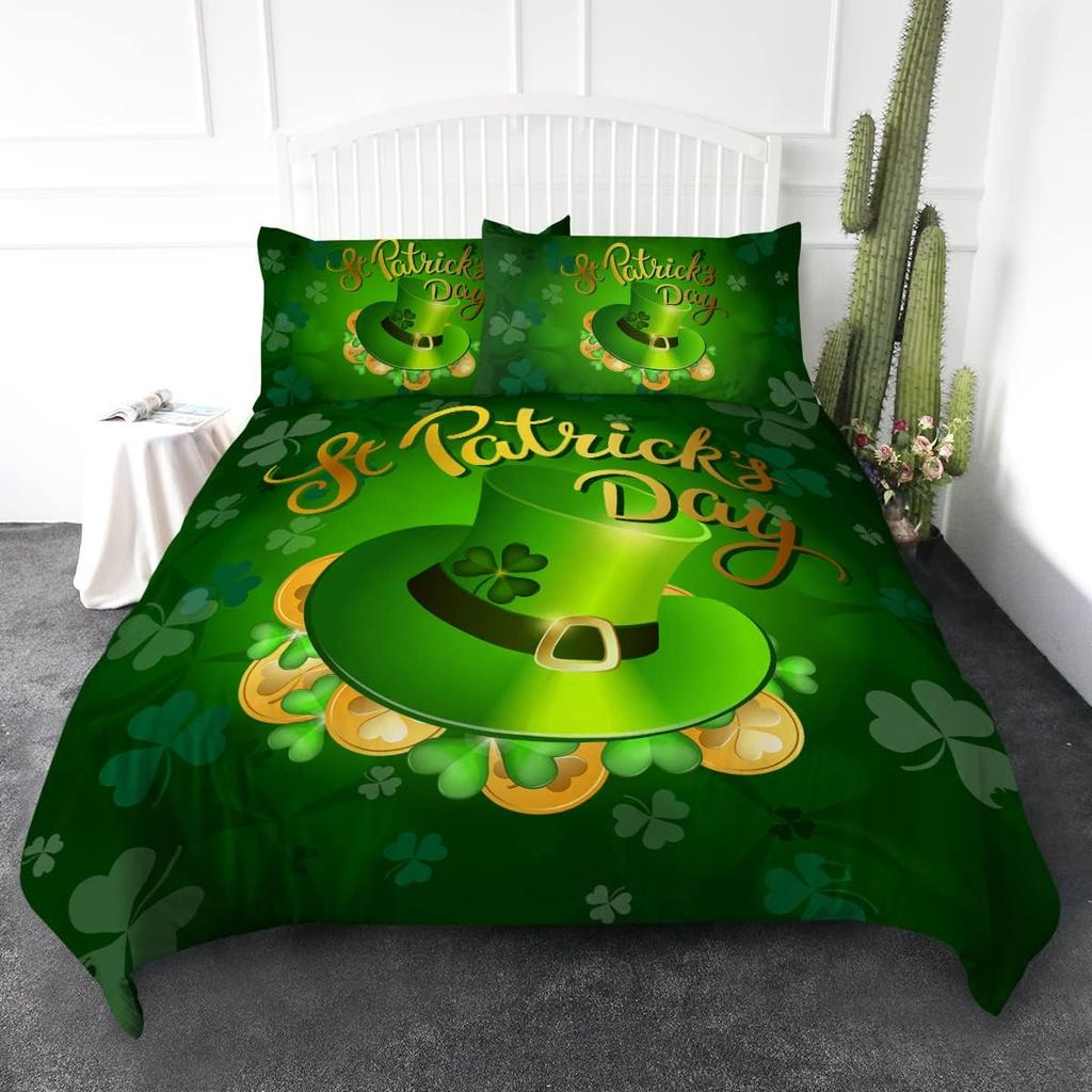 Green Animal Plant Pattern Duvet Cover Queen King Size HD Printed Shamrock Green Bedding Set 3 Piece Set and 2 Pillowcase T