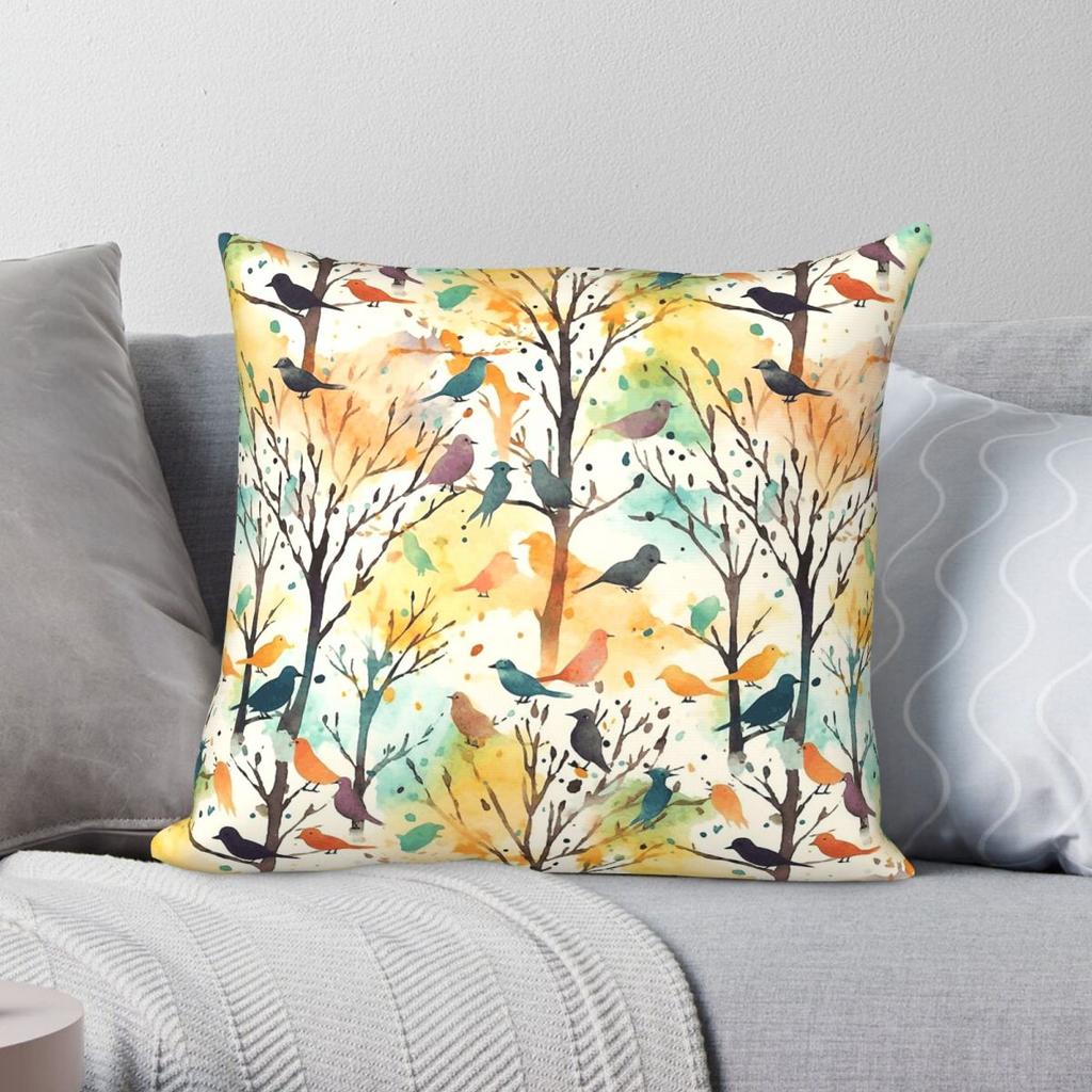 Cute Watercolor Birds Singing Square Pillowcase Polyester Linen Velvet Printed Zip Decor Bed Cushion Cover
