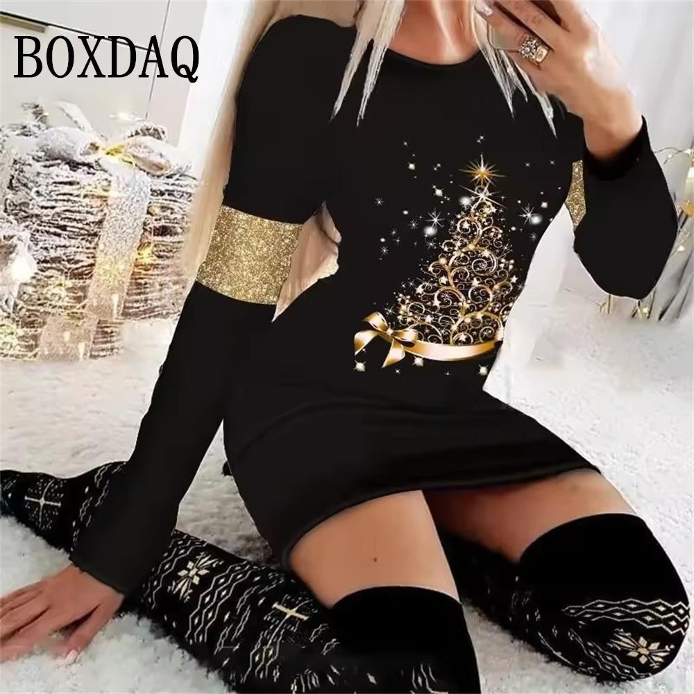 Women Christmas Party Dress 3D Funny Snowman Christmas Element Printed Dress Autumn Winter Long Sleeve Dress