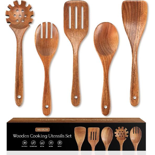 5 PCS Wooden Spoons for Cooking Natural Teak Kitchen Utensils Set Smooth Non-Stick Surface Cooking Utensils Set Soft Comfort-Grip Wooden Spatula Set