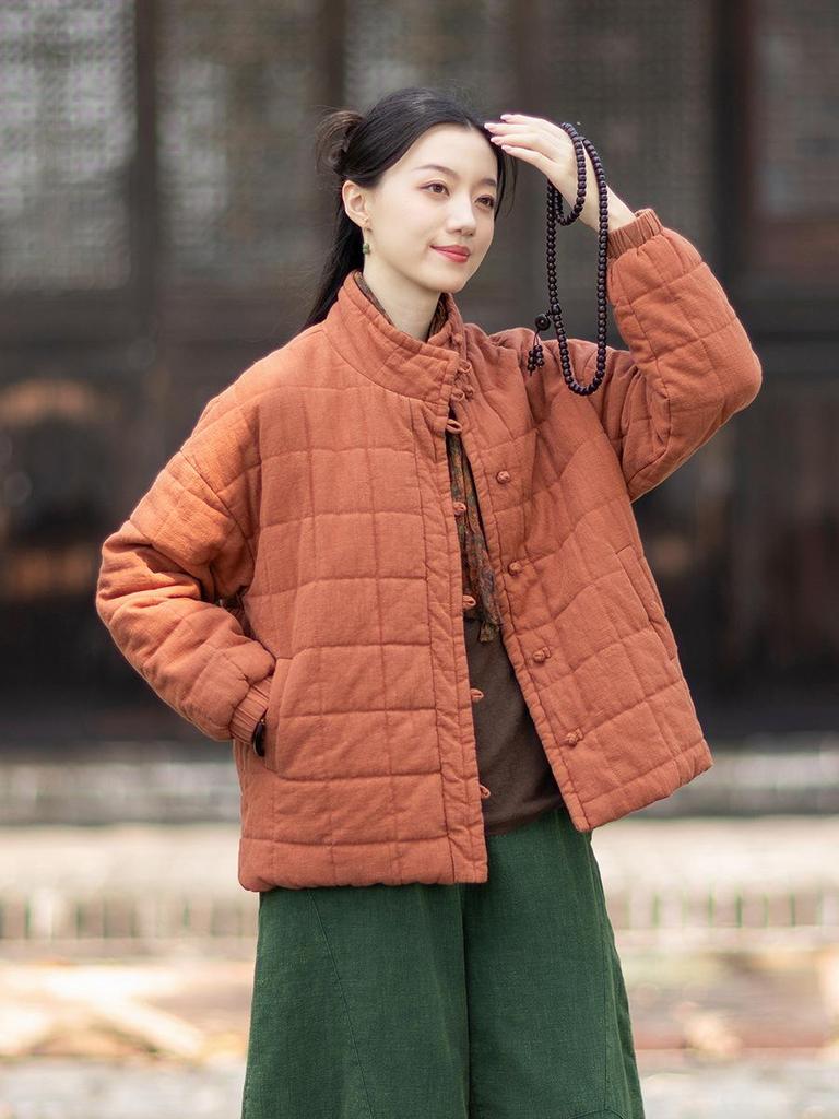 Women's Winter Quilted Plaid Stand Collar Coat - Chinese Retro Style