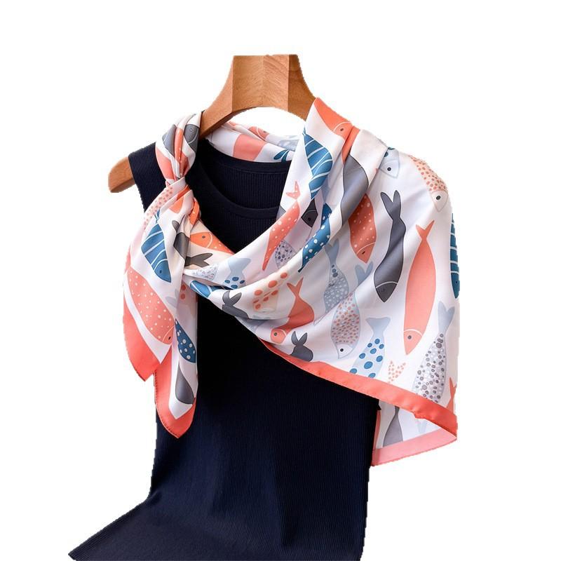 Ocean wind small fish simulation silk high-end large square scarf silk scarf printed shawl decorative scarf sunscreen headscarf scarf