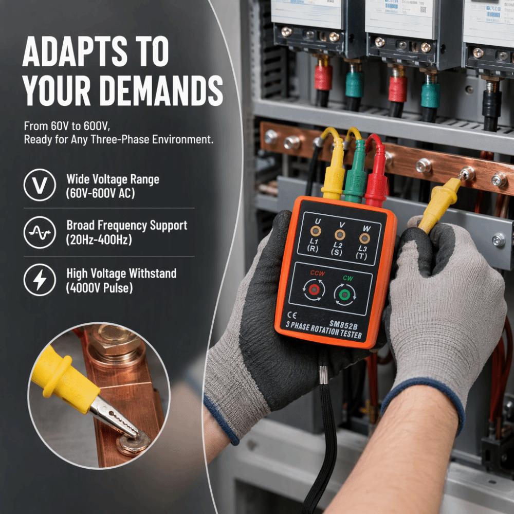 20Hz-400Hz Phase Rotation Tester 60V-600V AC Phase Indicator Detector  For Electricians