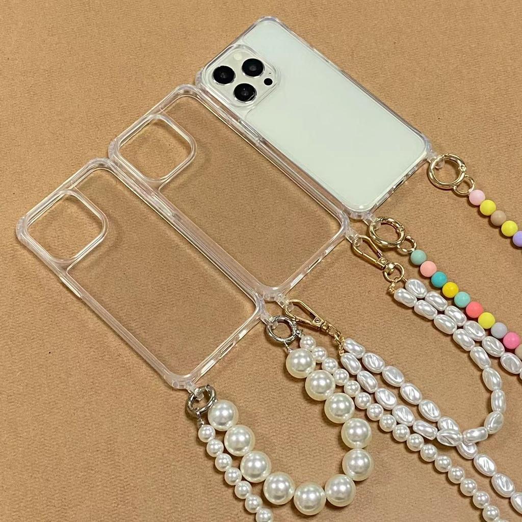 Luxury Fashion Long Pearl Bracelet Chain Transparent Shockproof Waterproof Crossbody Lanyard Phone Case for 11-17 Pro Max