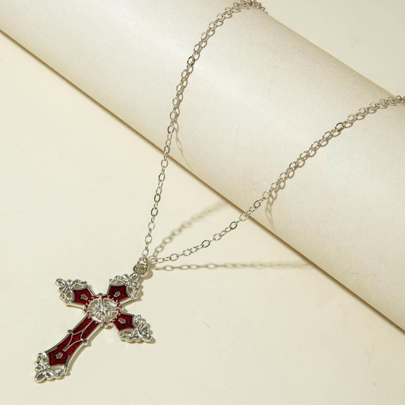 Gothic Hollow Out Diamond Studded Cross Pendant Necklace Set Y2K Personalized Thorn Love Black Bead Stacked Necklace Set