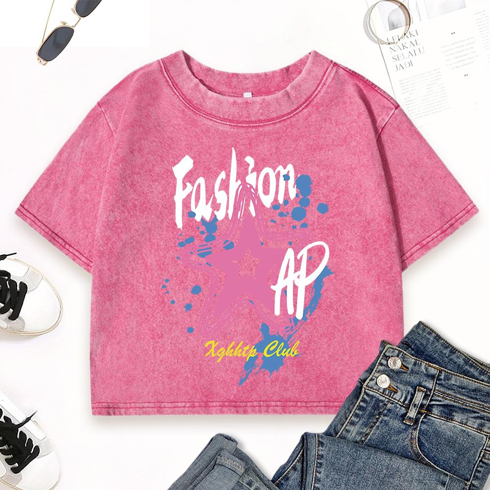 Graffiti Fashion Star Pentagram Prints Washed T Shirts Woman Street Fashion T-Shirt Cotton Clothing