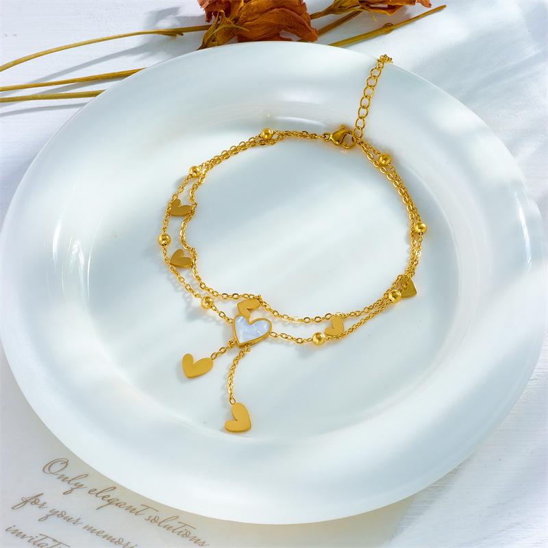 18K Gold Plated Layered Heart Shell Anklet, Dainty Double Chain Love Charm Foot Bracelet for Women, Cute Daily Jewelry