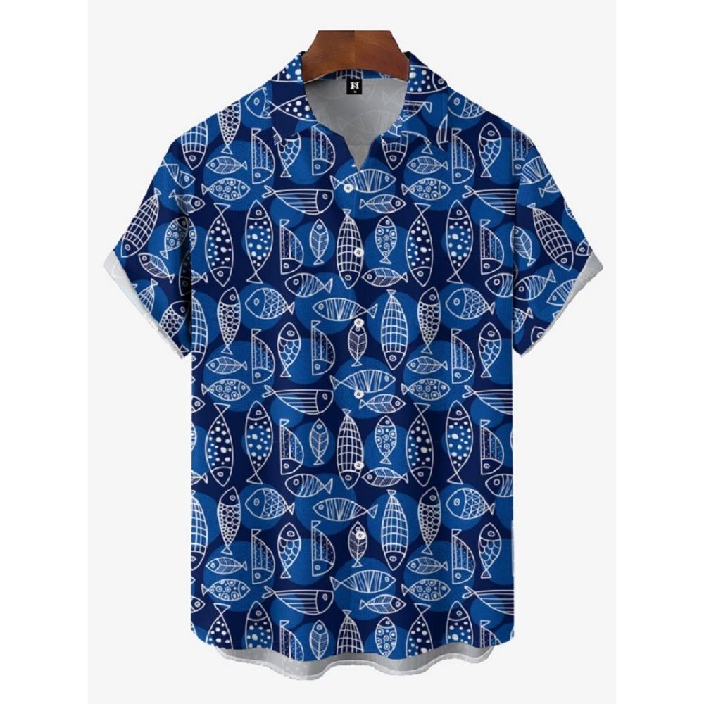 Men's Shirts Summer Hawaiian Casual Seaside Beach Tops Cartoon Planet Rocket Print Button Short-sleeve Oversized Shirts Chemise