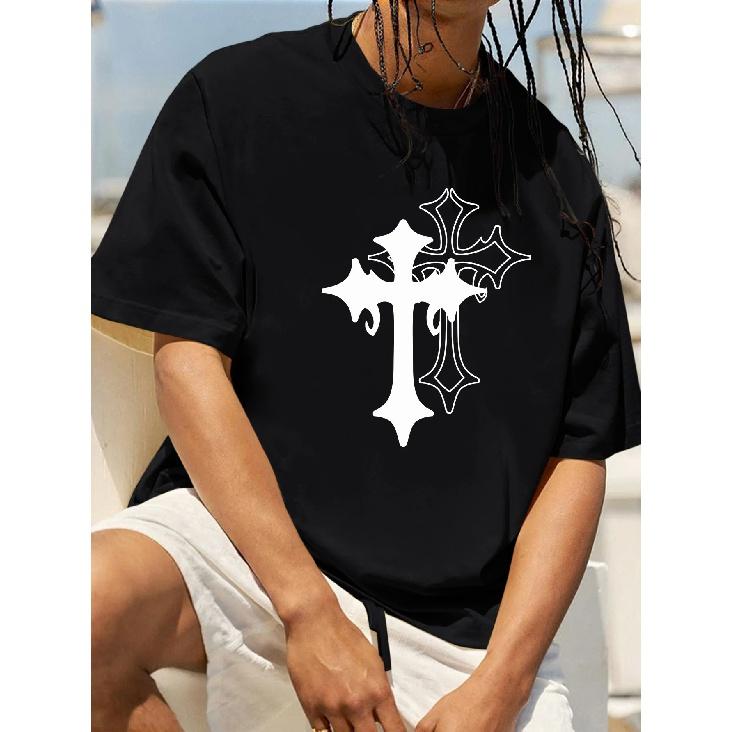 Men's Cross Printed Tee Multiple Color O-neck Short Sleeve T-shirt Clothes for Man