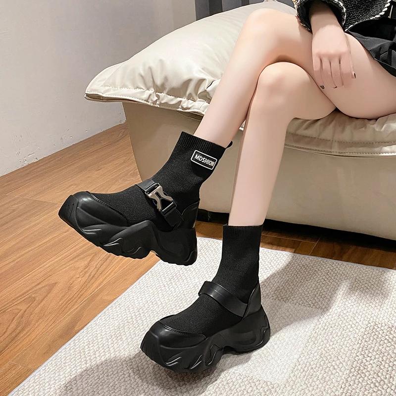 fashion Thick-soled Heightening Marton Boots for Women 2024 Autumn New Platform Casual Elastic Socks High-heeled Mid-calf Short Boots