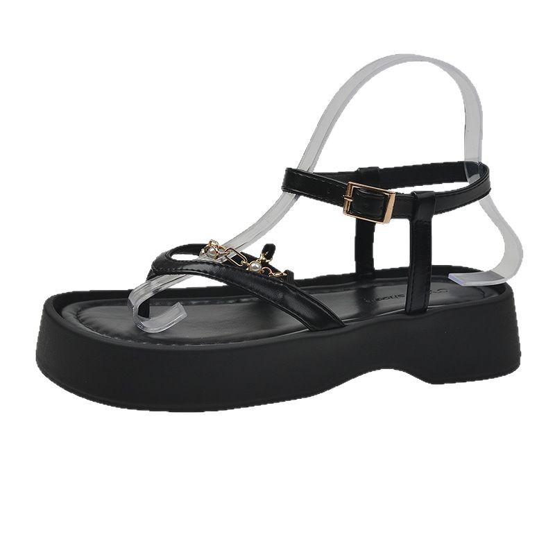 Design sense chain sandals women's spring summer retro platform open-toed shoes platform thin strap toe shoes buckle beach shoes