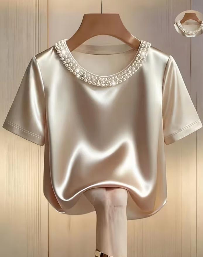 Spring 2026 Women's Beaded Round Neck Satin Chiffon Top