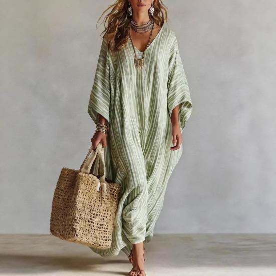Women's Summer Striped Maxi Dress Loose Fit V-Neck 46085 Sleeve Boho Long Dress Casual