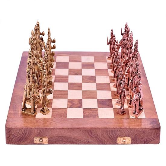 

Rajasthani Copper and Golden Antique Finish Foldable Chess Board 40.64 cm 32pc Brass Chess Set 2 Player Christmas Gift for Him Her Birthday Gift
