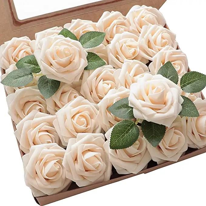 8CM Faux Rose Flower Gift Box Set with Leaves - Includes 25 or 50 Flowers for Home Decoration