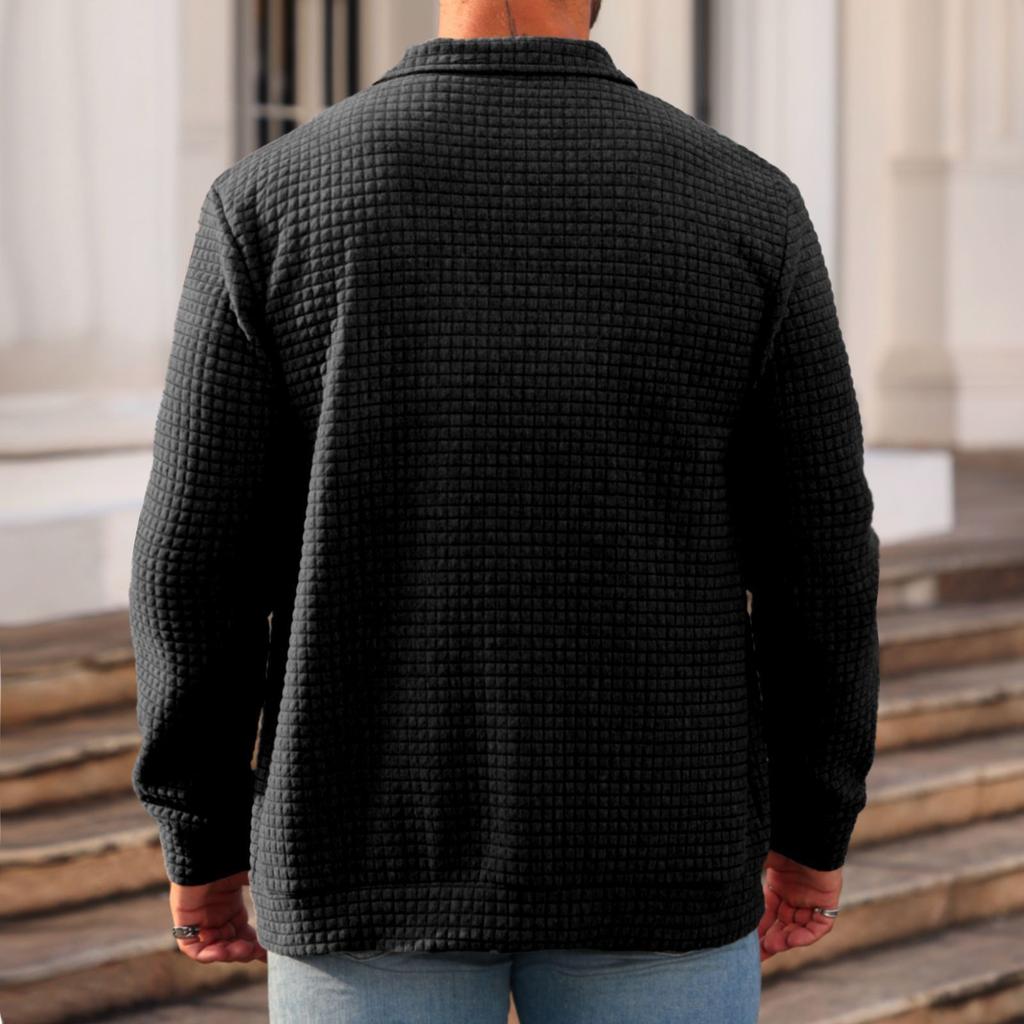 Men's Casual Double-Pocket Lapel Jacket Solid-Color Small Check Loose Long Sleeve Outerwear Shirt