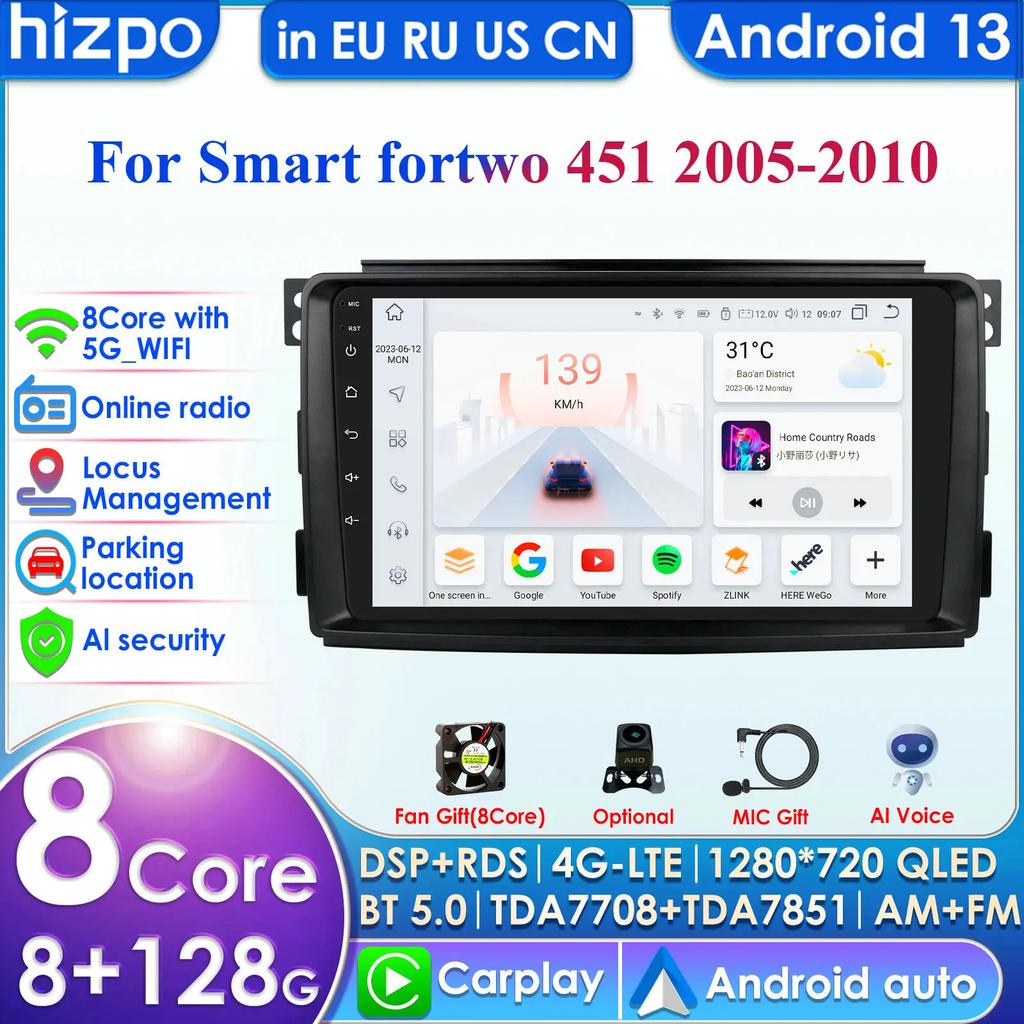 Hizpo Carplay 4G7862 Android 13 Car Radio for Smart Fortwo 451 2005 -2015 Multimedia Video Player GPS 2din Autoradio  Intelligent Screen DVR Cam RDS